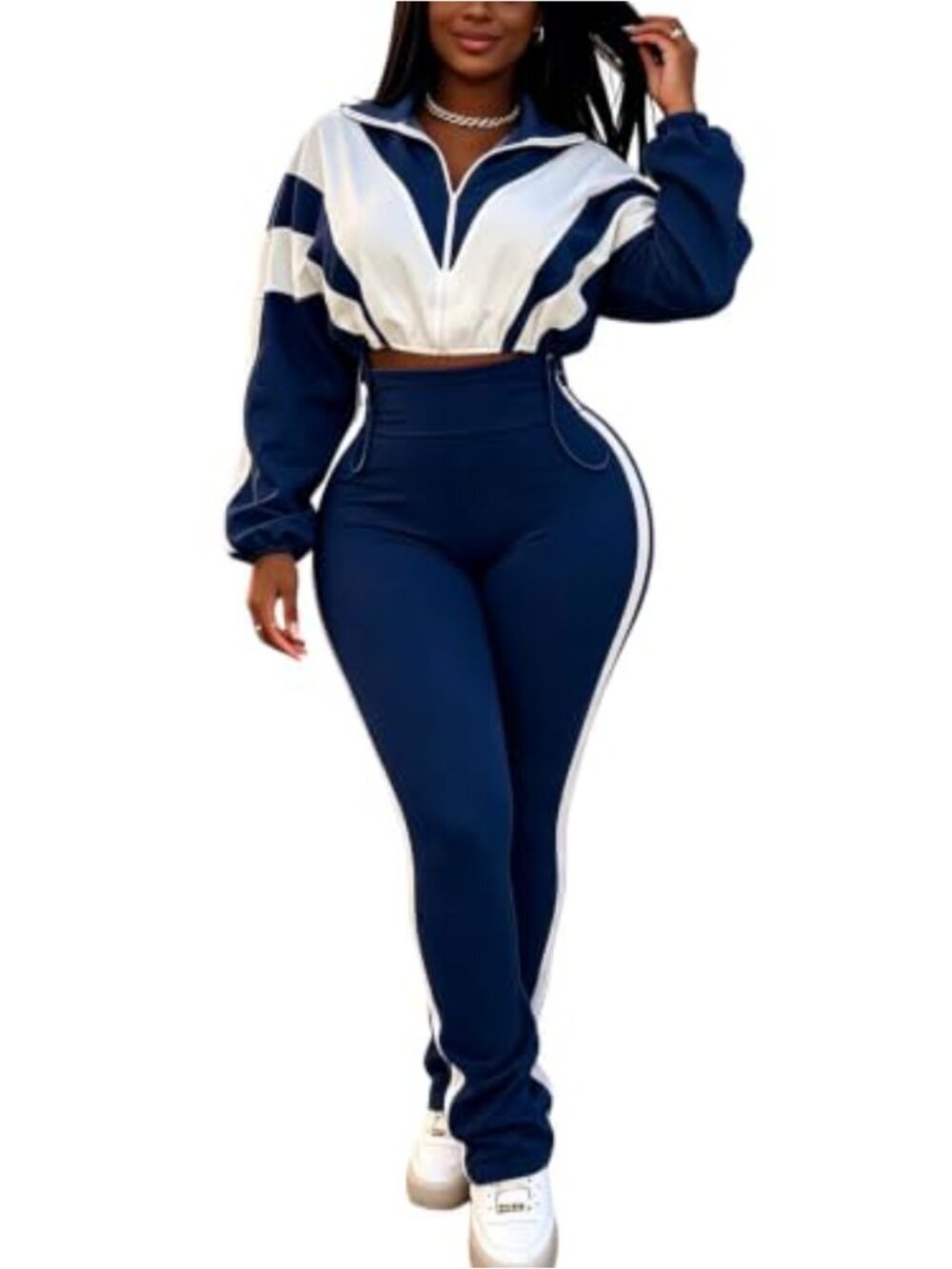 Women 2 Piece Outfit Polyester Spandex Zip Up Jacket Long Pants Workout Set